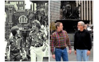 Two men smiling in a photo from 1970 and a photo from present day